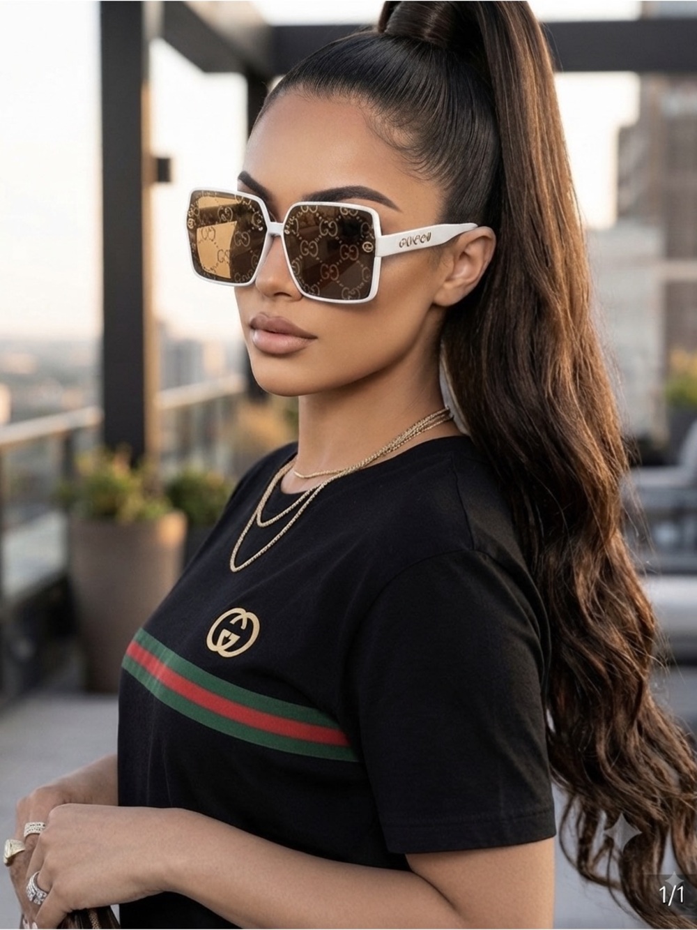 Gucci White Frame Brown GG Logo Square Sunglasses